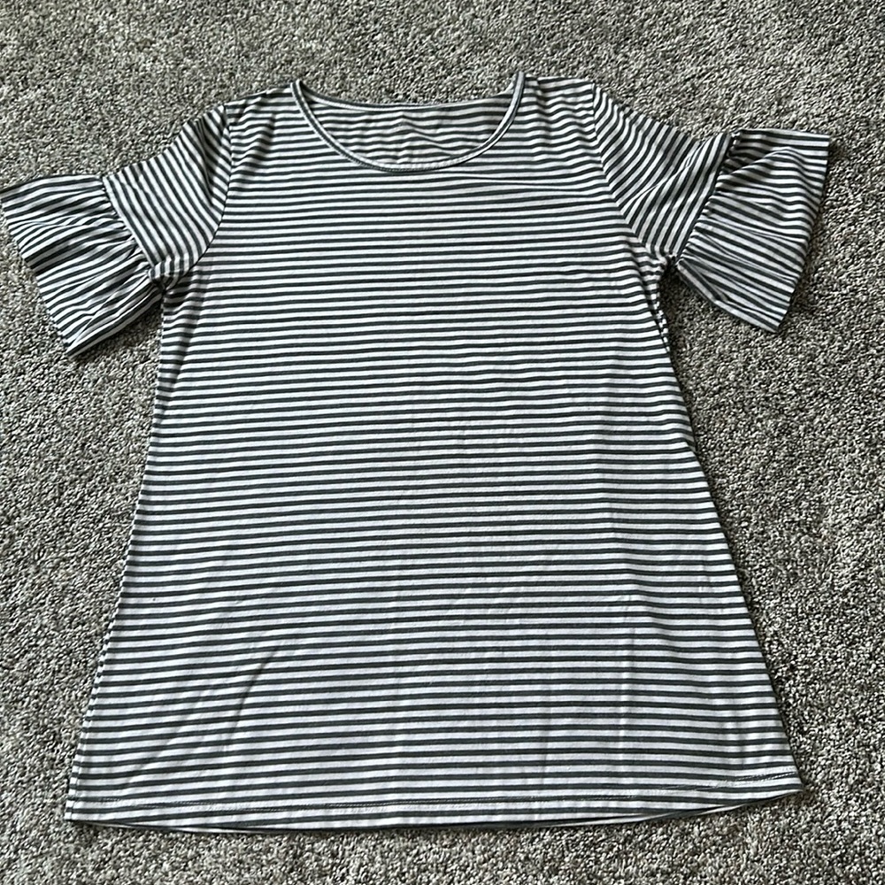 Gray and White Striped Tunic with Ruffle Sleeves
